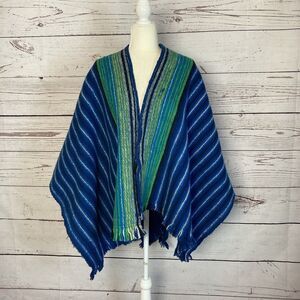 Permanos Wool Shawl Made in Colombia Blue Green Striped Knit Womens One Size vtg